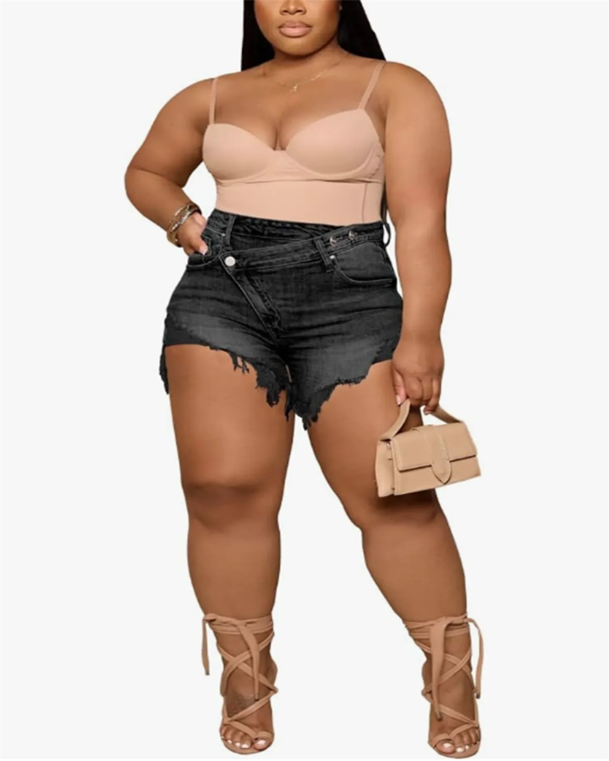 Diagonal Button Design Raw Edge Ripped Cool Style Denim Shorts Hot Pants