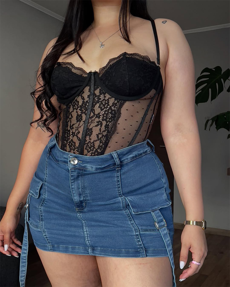 Lined Denim Cargo Shorts Skirt