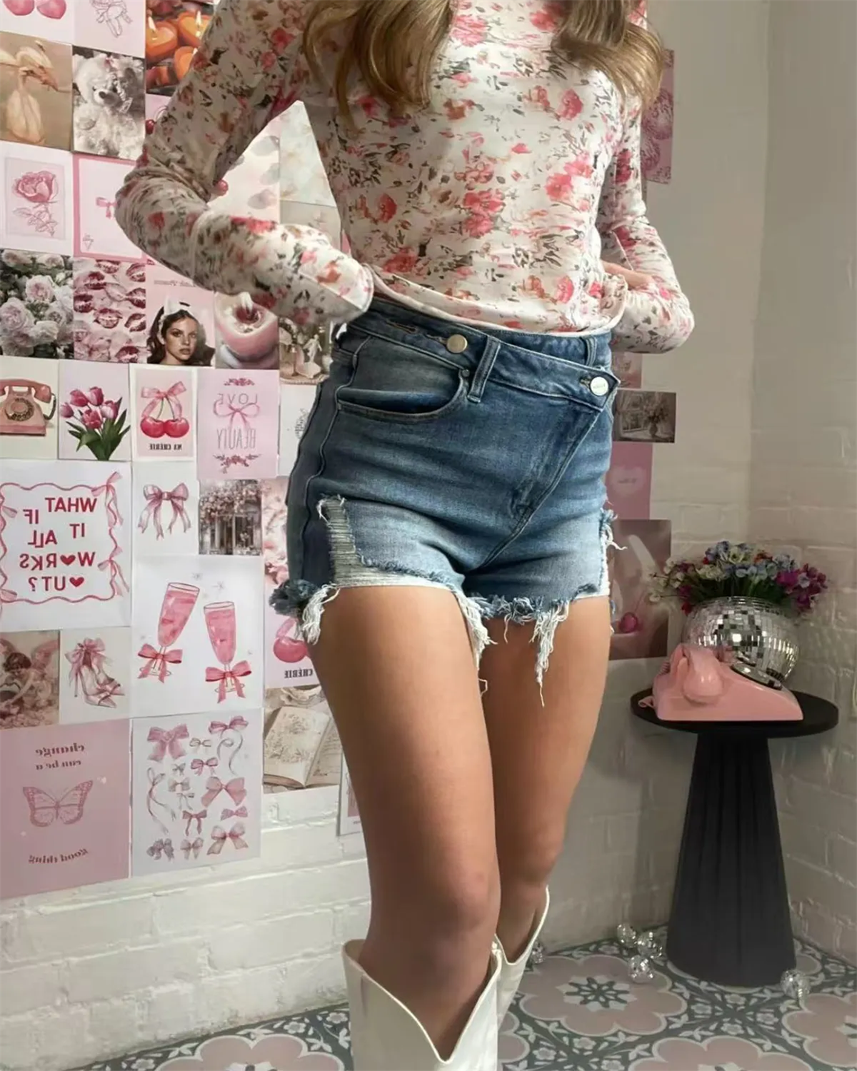 Diagonal Button Design Raw Edge Ripped Cool Style Denim Shorts Hot Pants