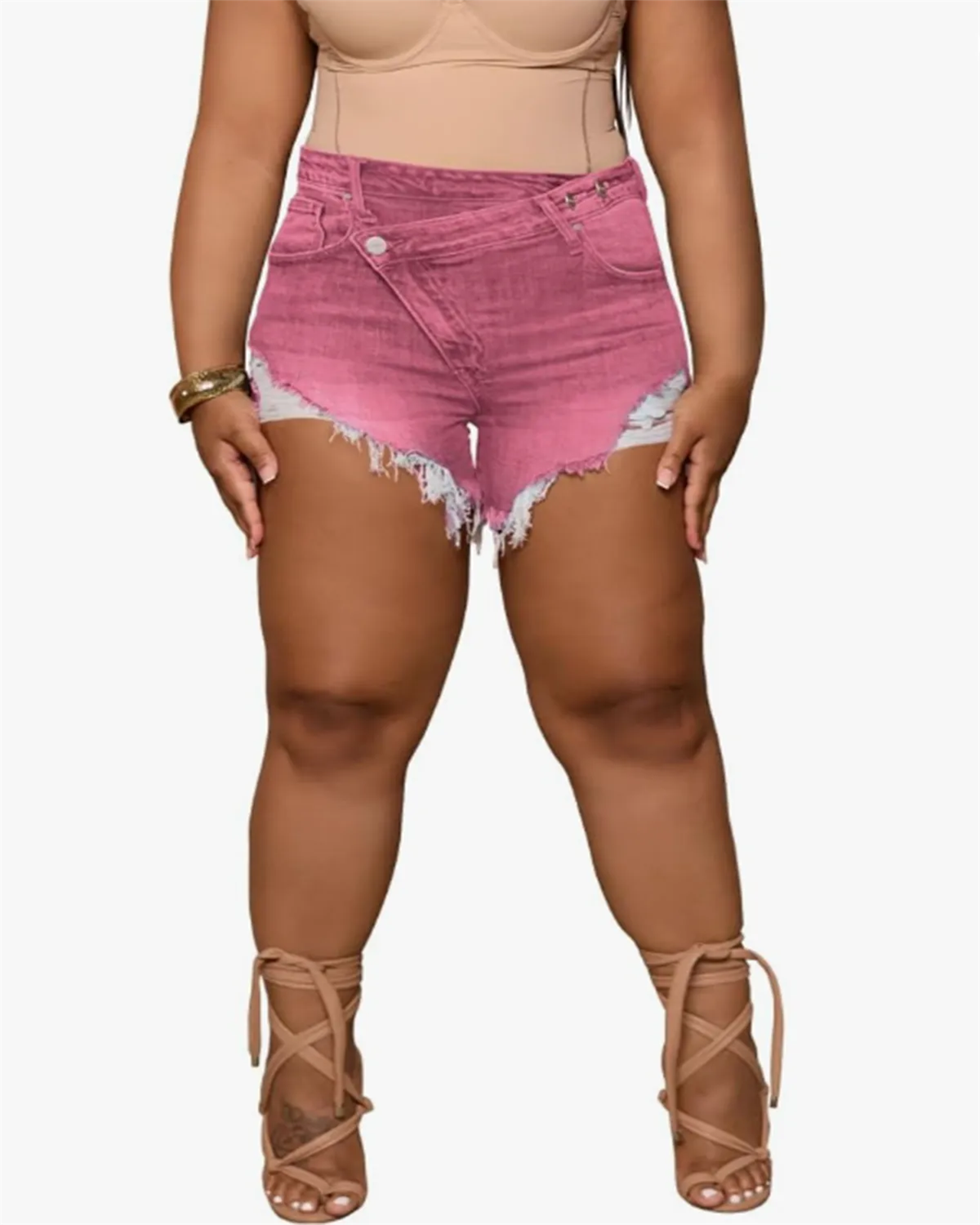 Diagonal Button Design Raw Edge Ripped Cool Style Denim Shorts Hot Pants