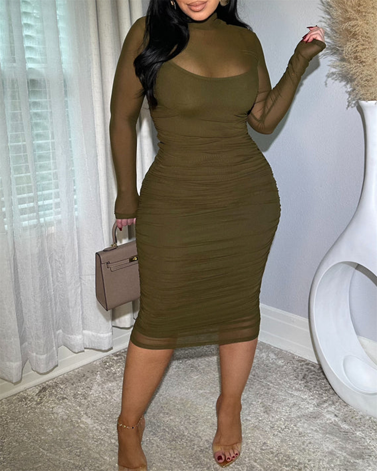 Women's Ruched Mesh Sheer Mock Neck Long Sleeve Midi Bodycon Dress