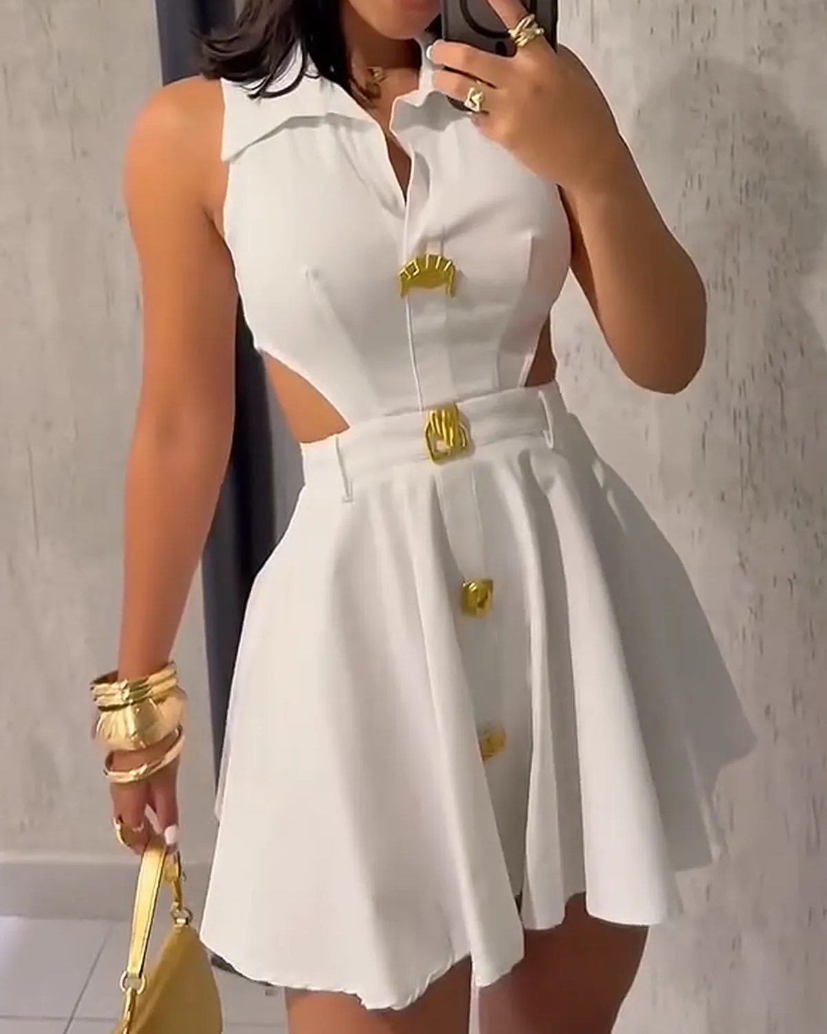 Ladies V-neck Metal Button Sleeveless Dress（Pre-Sale）