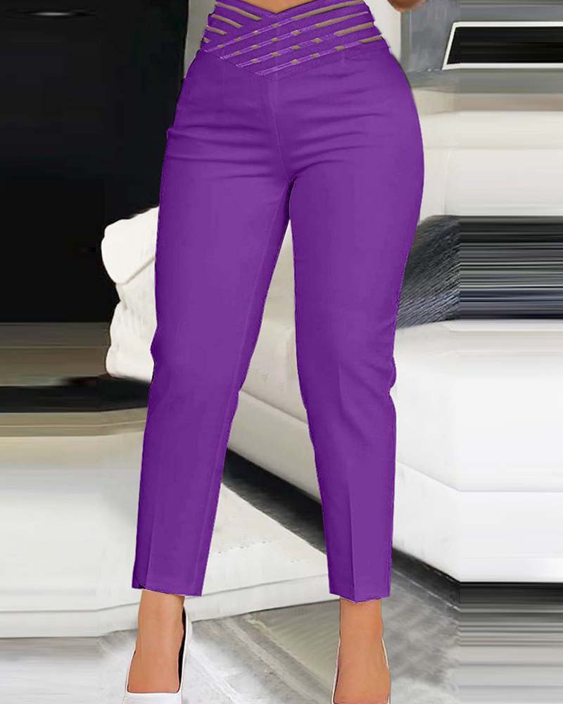 Casual Overlap Waist Hollow Out Work Pant High Waisted Pencil Stretch Pants for Women Trendy