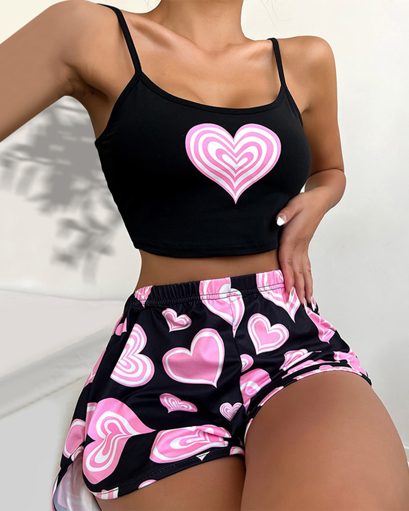 Suspender Print Top Shorts Pajama Set