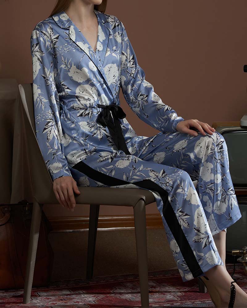 Lapel Printed Satin Pajama Set