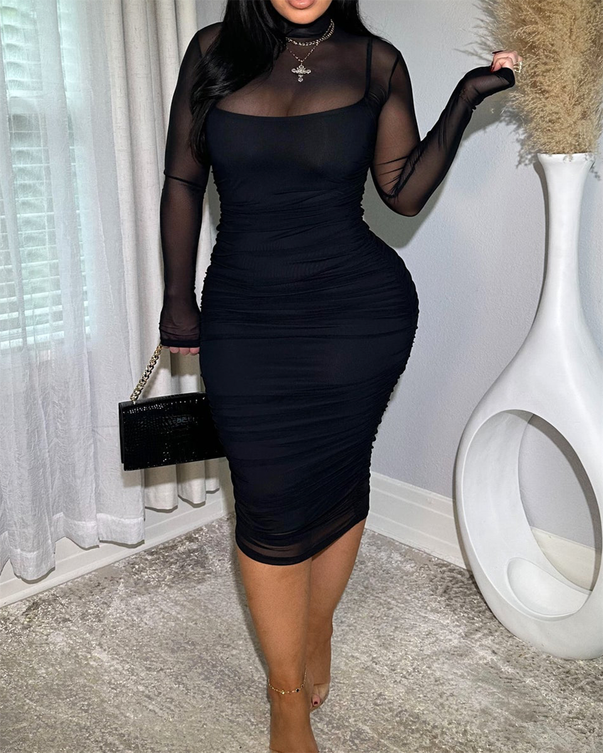 Women's Ruched Mesh Sheer Mock Neck Long Sleeve Midi Bodycon Dress