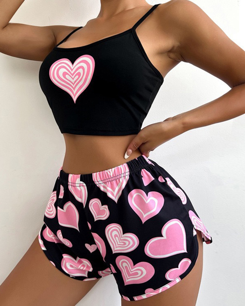 Suspender Print Top Shorts Pajama Set