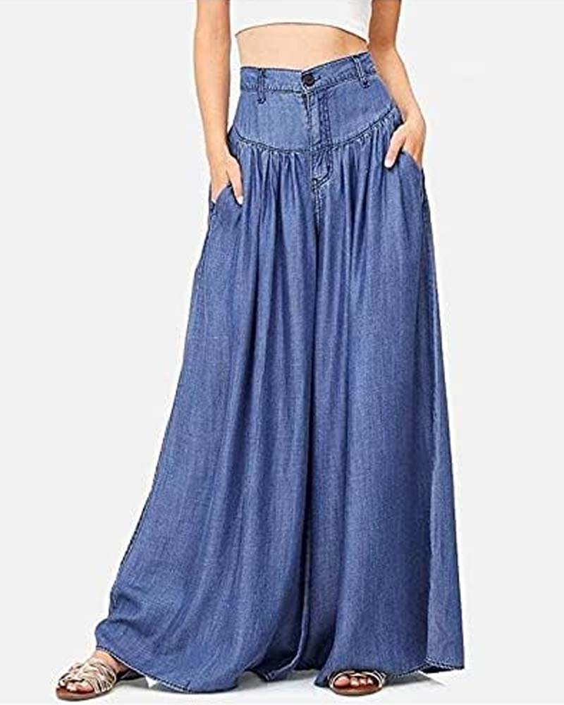 High Waist Zipper Wide Leg Denim Women Pants Jeans Casual Floor Loose Ladies Spring Longs Feminine Skirt Trousers