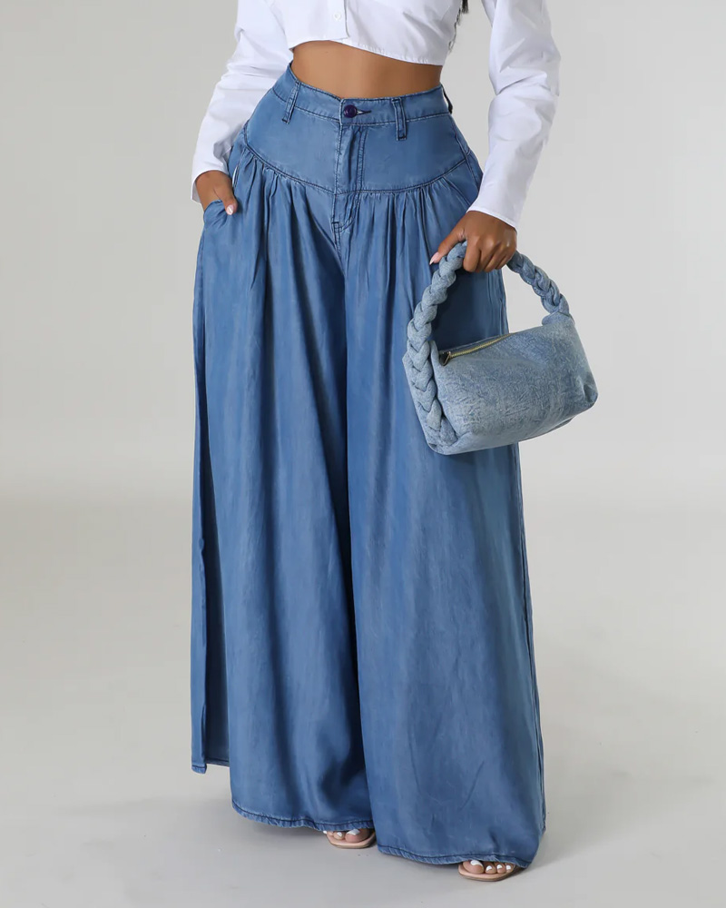 High Waist Zipper Wide Leg Denim Women Pants Jeans Casual Floor Loose Ladies Spring Longs Feminine Skirt Trousers